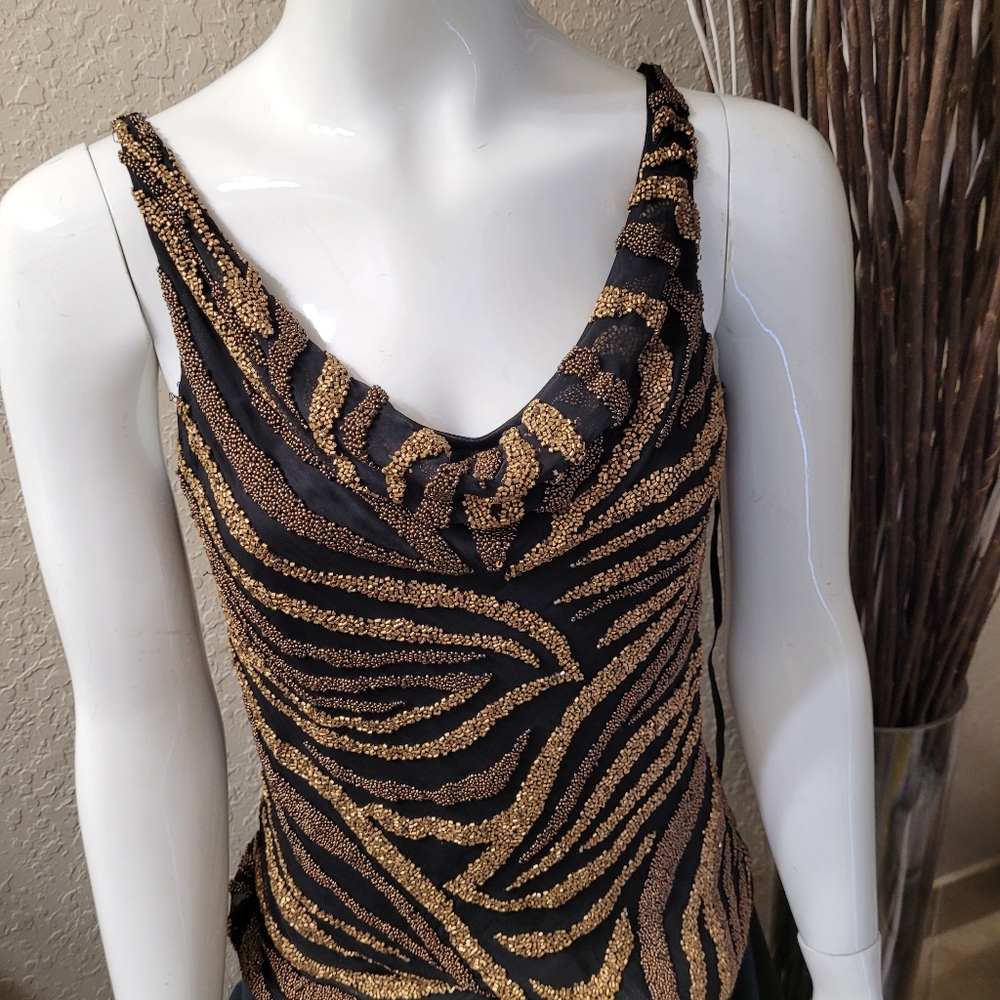 Cache Black and Gold Zebra-Print Cowl Neck Tank